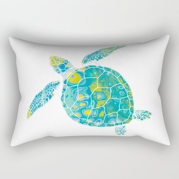 Aqua, Blue, Green & Yellow  Colorful Sea Turtle 3 - Abstract Minimal Marble Fluid Art Paint Beach Art Rectangular Pillow