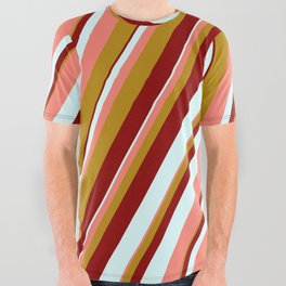 [ Thumbnail: Dark Red, Light Cyan, Salmon, and Dark Goldenrod Colored Lined Pattern All Over Graphic Tee ]
