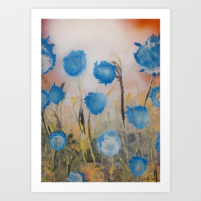 Design Art 'Rain and Flowers with Buds and Drops' Graphic Art on Wrapped Canvas, Blue