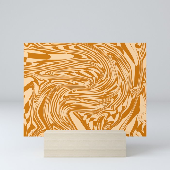 Psychedelic Warped Marble Wavy Checkerboard in Orange and Cream Mini Art Print