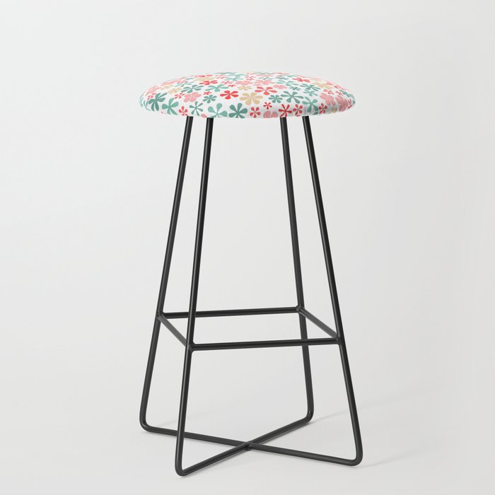 coral pink and mint green eclectic daisy print ditsy florets Bar Stool