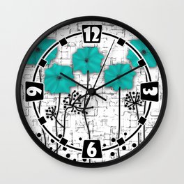Turquoise flowers on black and white background . Wall Clock