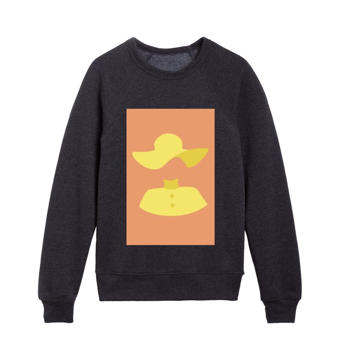 Abstract: Woman with a yellow hat on an orange background Kids Crewneck