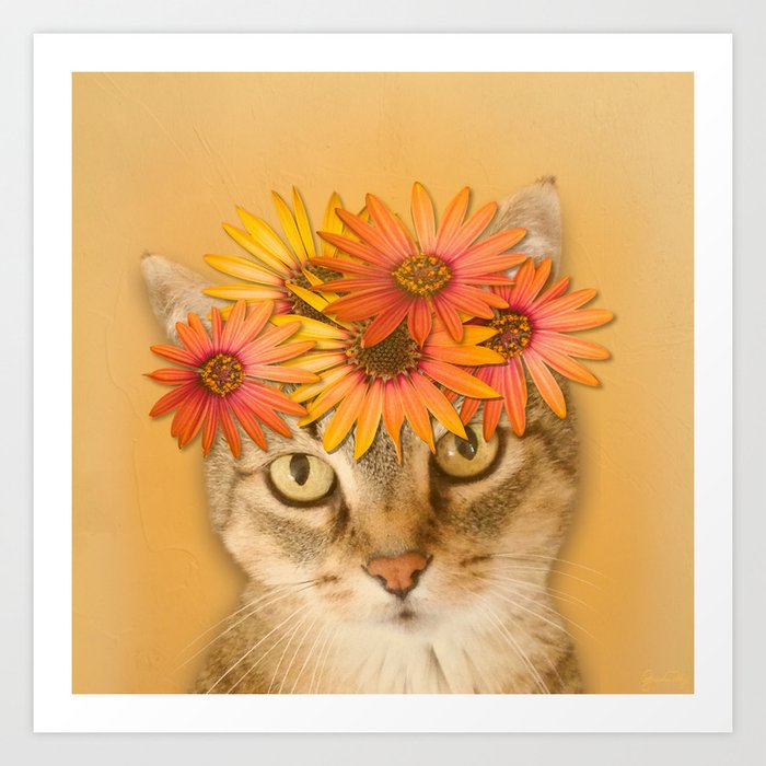 Tabby Cat with Daisy Flower Crown, Mustard Yellow Background Art Print