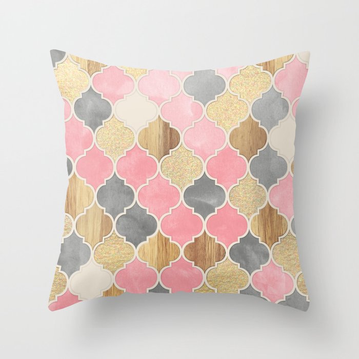 Silver Grey, Soft Pink, Wood & Gold Moroccan Pattern Throw Pillow