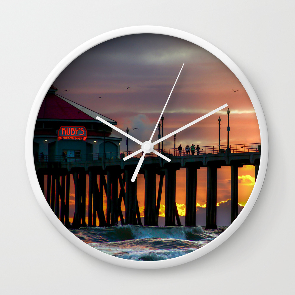 Huntington Beach Pier Sunset Ruby S Diner Wall Clock By Johnminar Society6
