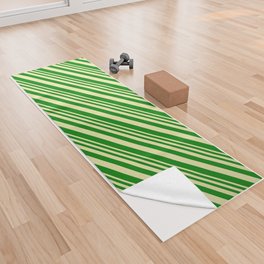 [ Thumbnail: Pale Goldenrod & Green Colored Stripes/Lines Pattern Yoga Towel ]
