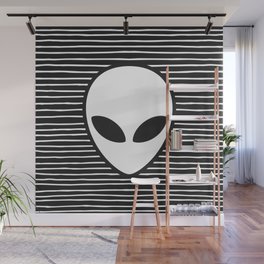 Alien on Black and White stripes Wall Mural