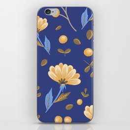pattern with orange flowers, berries, branches on a dark blue background iPhone Skin