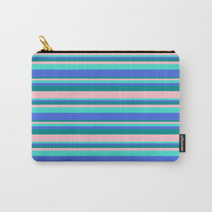 Turquoise, Royal Blue, Dark Cyan, and Pink Colored Stripes Pattern Carry-All Pouch