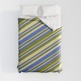 [ Thumbnail: Pale Goldenrod, Royal Blue, and Green Colored Lined Pattern Duvet Cover ]