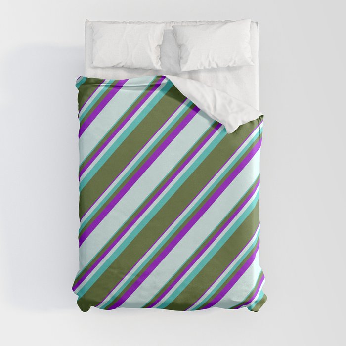 Turquoise, Dark Olive Green, Dark Violet & Light Cyan Colored Striped/Lined Pattern Duvet Cover