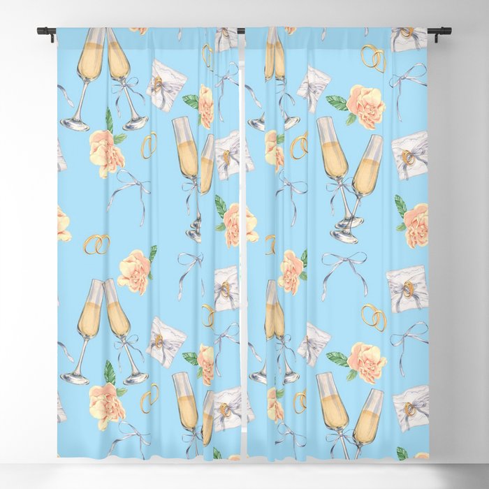 Wedding Champagne and Flowers Modern Blue Collection Blackout Curtain