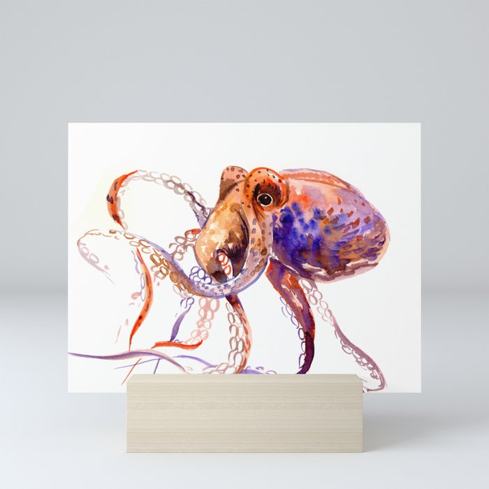Octopus, orange purple aquatic animal design Mini Art Print