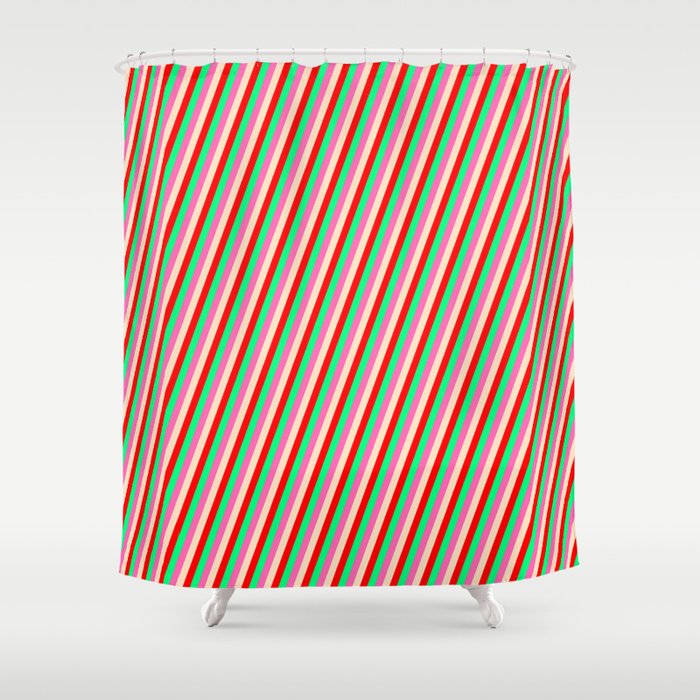 Hot Pink, Bisque, Red, and Green Colored Pattern of Stripes Shower Curtain
