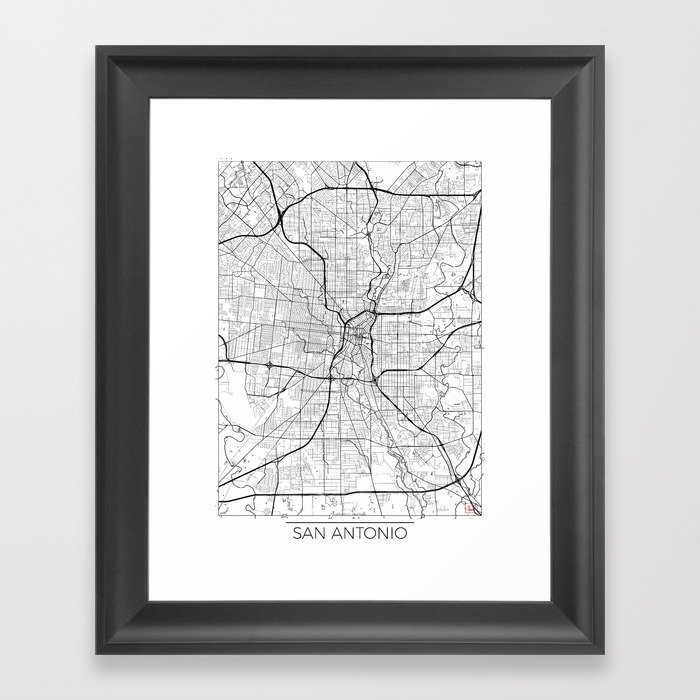 San Antonio Map White Framed Art Print