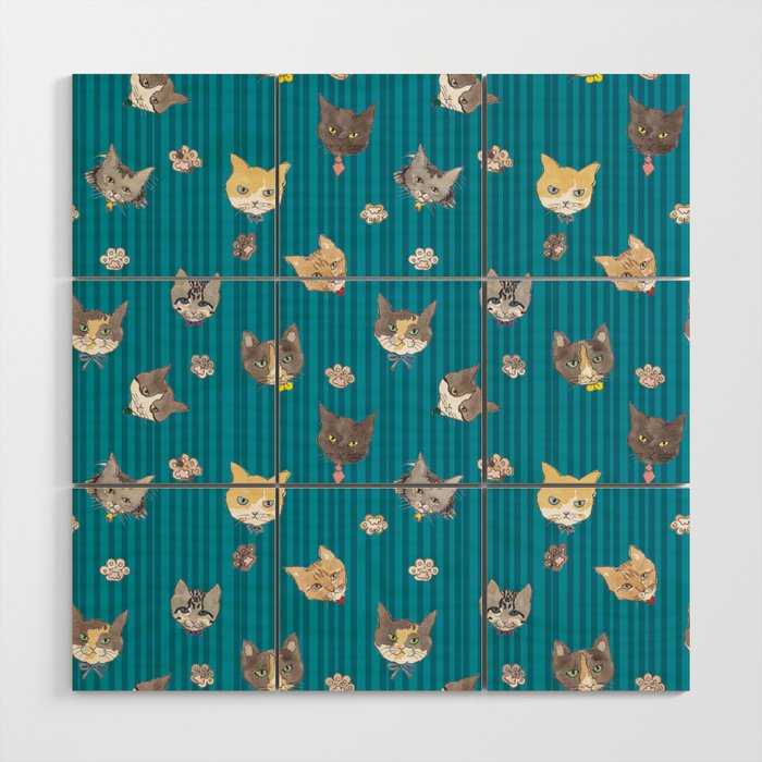 Cats with Paws Pattern/Hand-drawn in Watercolour/Blue Stripe Background Wood Wall Art