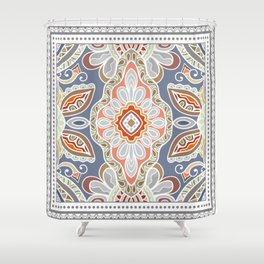 Decorative abstract colorful background, geometric floral doodle pattern with ornate lace frame. Tribal ethnic ornament. Bandanna shawl, tablecloth fabric print, silk neck scarf, kerchief design Shower Curtain