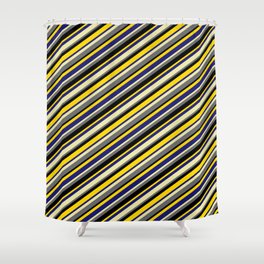 [ Thumbnail: Eyecatching Pale Goldenrod, Dim Grey, Black, Yellow & Midnight Blue Colored Stripes/Lines Pattern Shower Curtain ]
