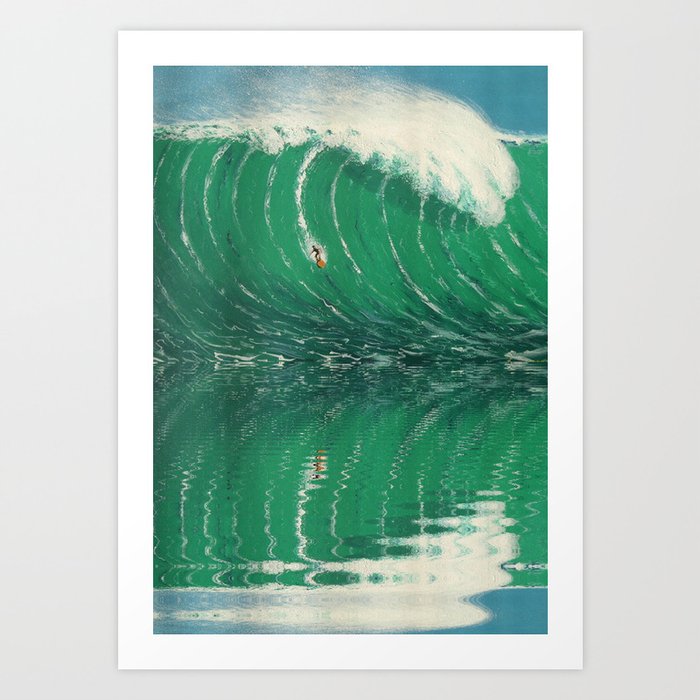 Extreme surfing pipeline wave with mirrored reflection, nazara, california, gulf of mexico, florida keys, hawaii surf landscape painting in emerald green Art Print