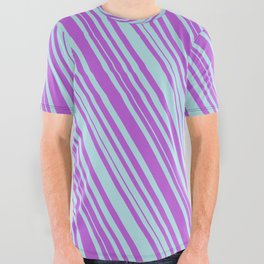 [ Thumbnail: Powder Blue & Orchid Colored Lined Pattern All Over Graphic Tee ]