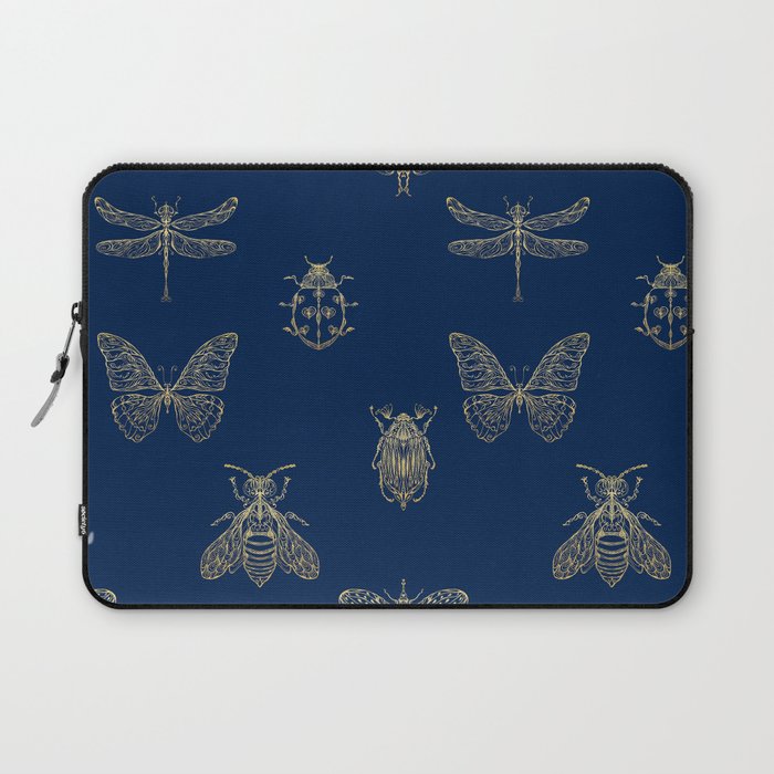 Golden Insects pattern on the blue background Laptop Sleeve