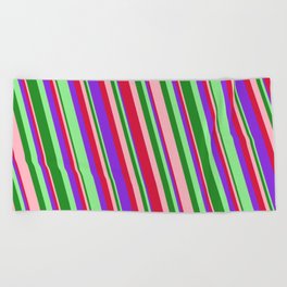 [ Thumbnail: Eye-catching Light Pink, Crimson, Purple, Light Green, and Forest Green Colored Stripes Pattern Beach Towel ]