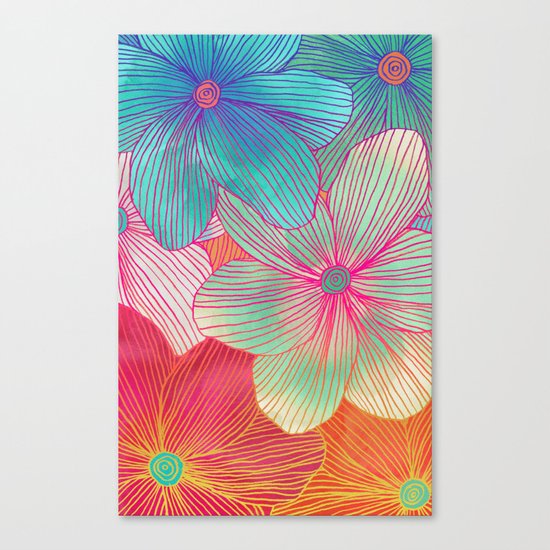 Between the Lines - tropical flowers in pink, orange, blue & mint Canvas Print
