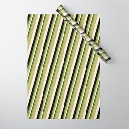 [ Thumbnail: Green, Dark Khaki, Beige & Black Colored Stripes/Lines Pattern Wrapping Paper ]