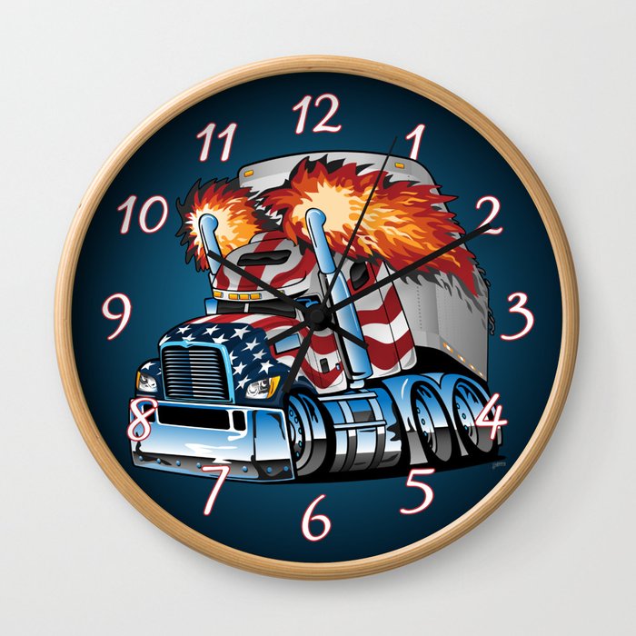 Patriotic American Flag Semi Truck Tractor Trailer Big Rig Cartoon Wall Clock