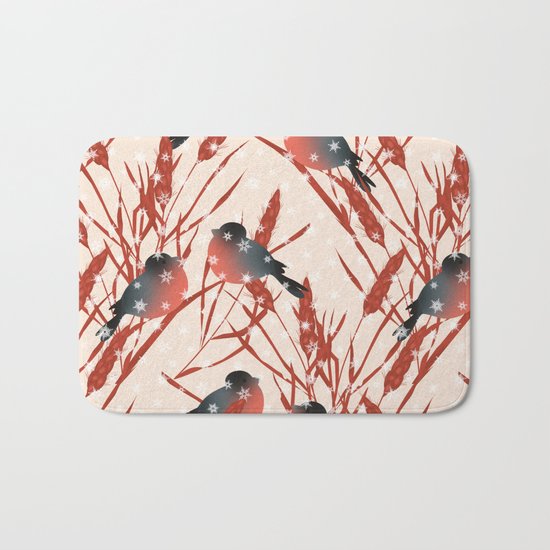 Winter pattern with bullfinches. Bath Mat