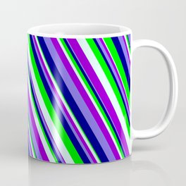 [ Thumbnail: Colorful Light Cyan, Dark Violet, Medium Slate Blue, Blue & Lime Colored Lined Pattern Coffee Mug ]