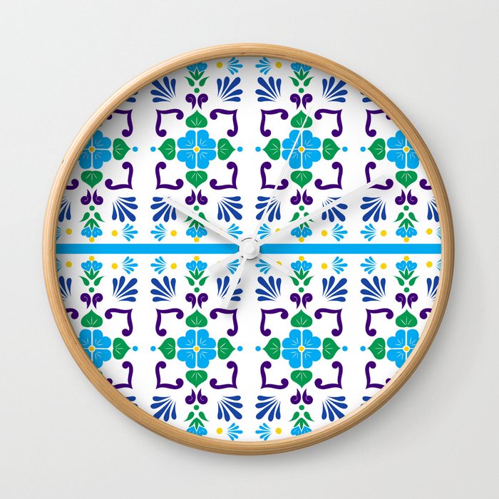 Cyan 3, Framed Talavera Flower Wall Clock