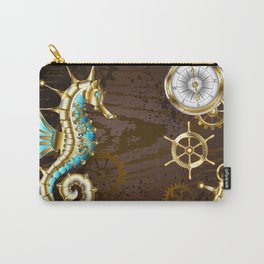 Wooden Background with Mechanical Seahorse ( Steampunk ) Carry-All Pouch