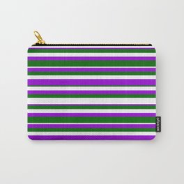[ Thumbnail: Dark Green, White & Dark Violet Colored Lined Pattern Carry-All Pouch ]