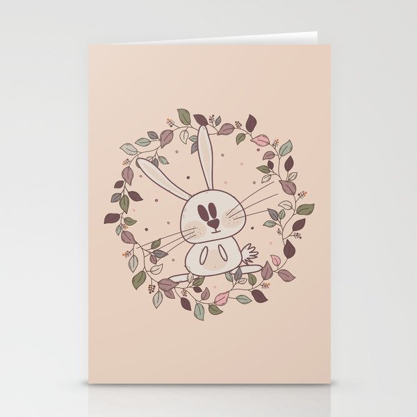 Adorable rabbits with autumn leaves and berries in pink colors Stationery Cards