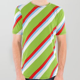 [ Thumbnail: Colorful Red, Light Sky Blue, White, Green, and Dark Green Colored Stripes Pattern All Over Graphic Tee ]