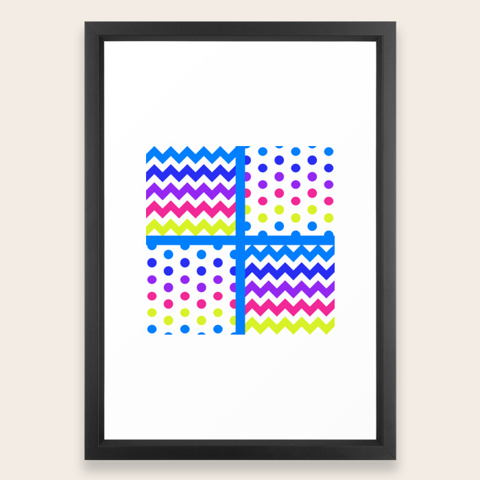 White Multicolor Chevron Polkadot 2 Blue Indigo Purple Magenta Yellow Colorful Framed Art Print