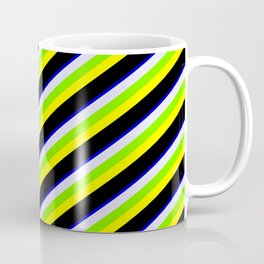 [ Thumbnail: Colorful Blue, Lavender, Green, Yellow, and Black Colored Stripes Pattern Coffee Mug ]
