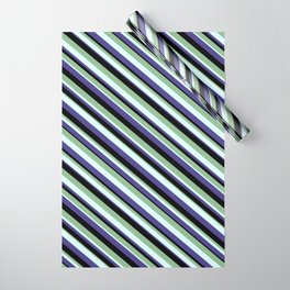 [ Thumbnail: Dark Sea Green, Light Cyan, Dark Slate Blue, and Black Colored Pattern of Stripes Wrapping Paper ]