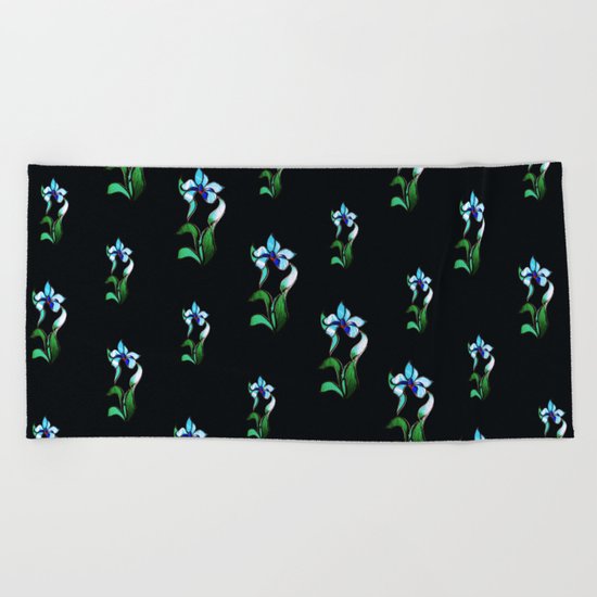 Blue green neon flowers on black Beach Towel
