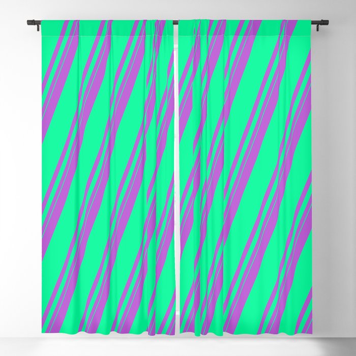 Orchid and Green Colored Lined/Striped Pattern Blackout Curtain