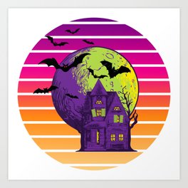 Scary House, Moon and Bats Halloween Gift Art Print