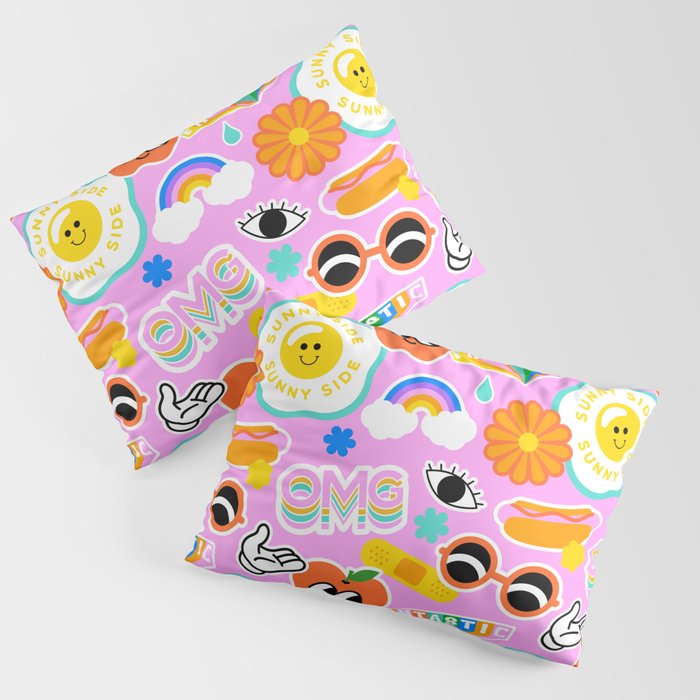 Funny retro colorful sticker label seamless pattern Pillow Sham