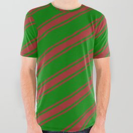 [ Thumbnail: Green and Brown Colored Stripes Pattern All Over Graphic Tee ]