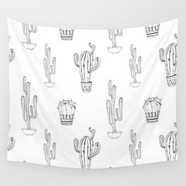 A pattern of black and white cacti painted with black ink Wall Tapestry