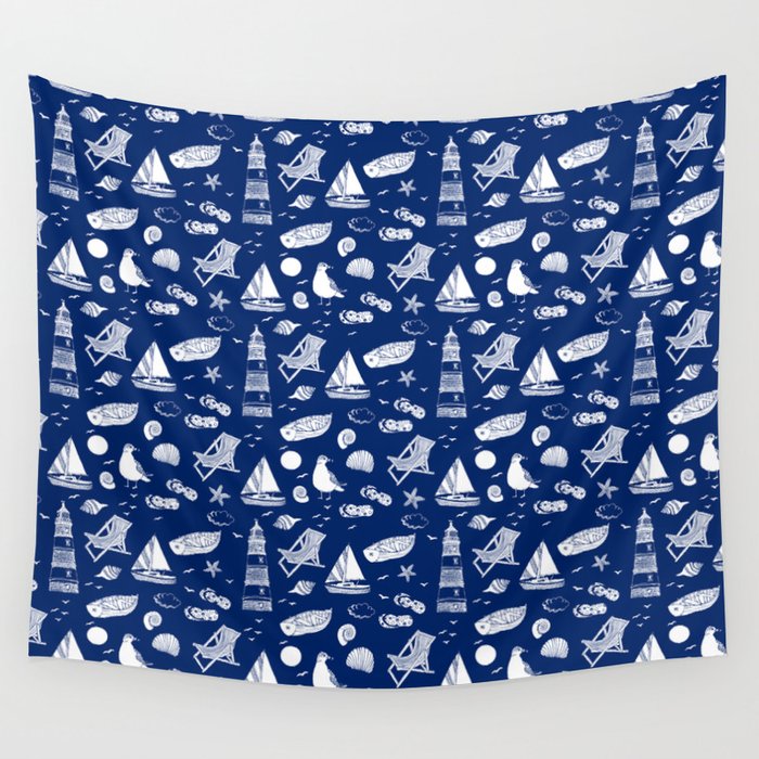 Blue And White Summer Beach Elements Pattern Wall Tapestry