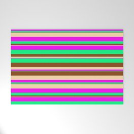 [ Thumbnail: Tan, Fuchsia, Green & Brown Colored Striped Pattern Welcome Mat ]