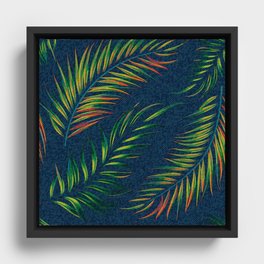 Neon Palm Fronds -  Distressed Denim  Framed Canvas