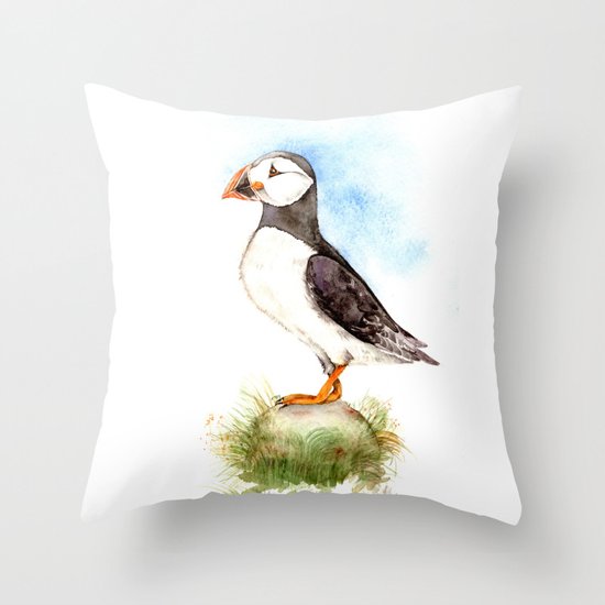 Puffin on a Rock Throw Pillow